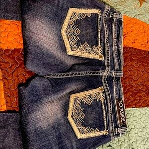 Rock & Roll Cowgirl Blue Boot Cut Jeans with Intricate Stitching